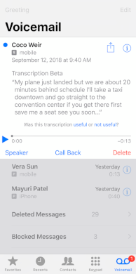 An screenshot of iOS visual voicemail. There are 3 pending voicemails shown. One is selected, and has a sender name, a date, a share button, a transcription of the audio, a play button, a &ldquo;Speaker&rdquo; button, a &ldquo;Call Back&rdquo; button, and a &ldquo;Delete&rdquo; button.